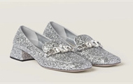 MIUMIU 5D993D 女士银色 闪粉织物乐福鞋
