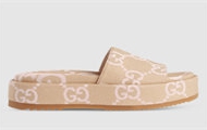 GUCCI 730043 女士米色拼浅粉色 超级 双G 防水台拖鞋