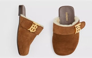 BURBERRY 80596451 女士巧克力色 专属标识细节毛羊皮内衬麂皮穆勒鞋