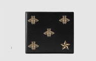 Gucci/古驰 黑色小牛皮 金色 蜜蜂星星图案双折钱包 短款折叠 495055